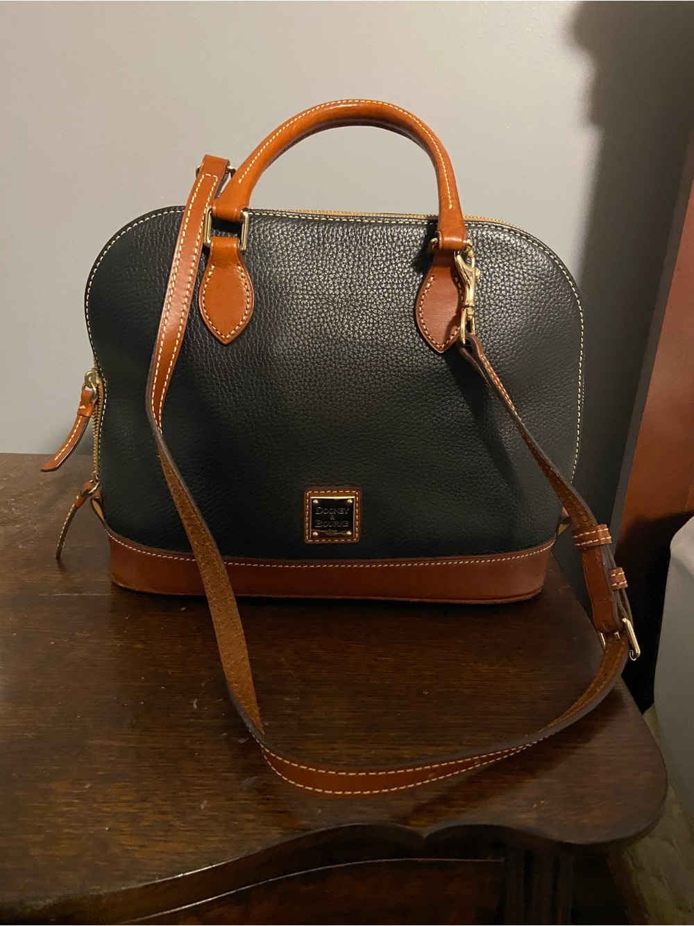 Dooney & Bourke Black with Tan Trim Pebbled Leather Satchel